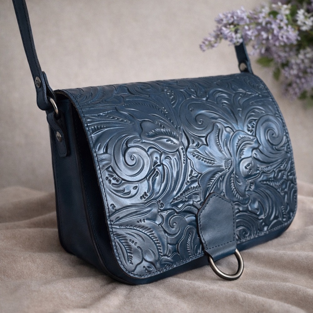 Patricia Nash Ilina Leather Tooled Flap Handbag Carribean Blue Crossbody D Ring